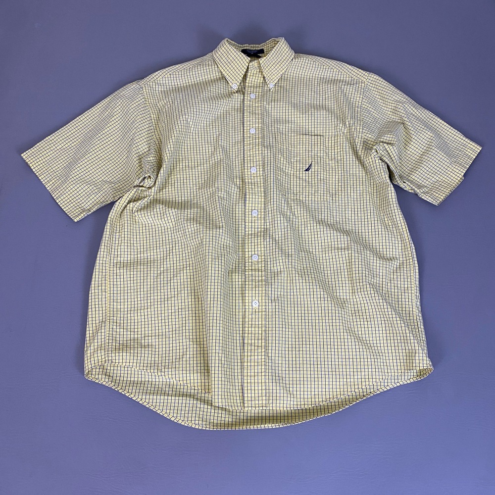 Nautica Button Down Shirt Men's Medium Yellow Blue Plaid Short Sleeve Cotton